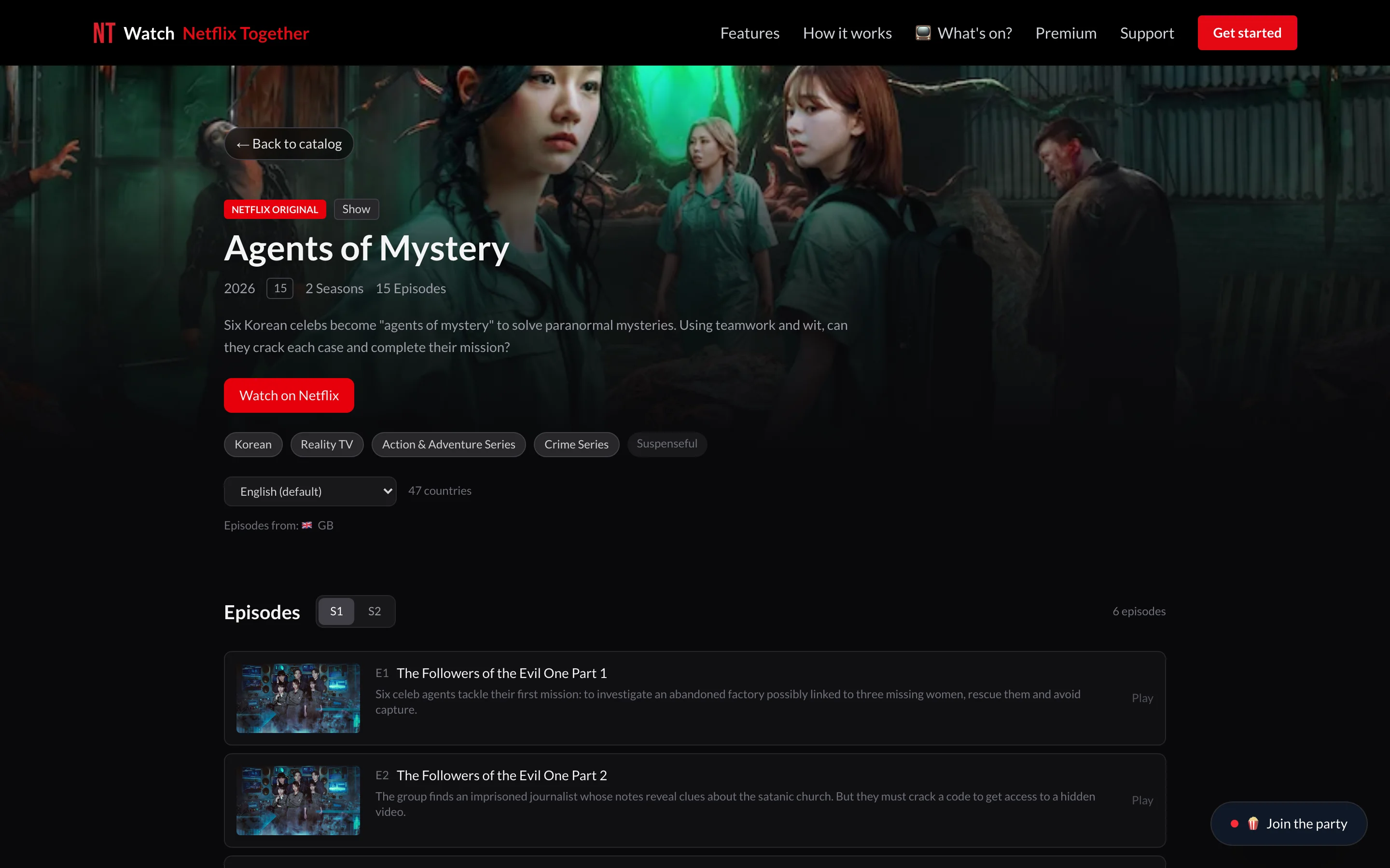 Detail page for Agents of Mystery showing seasons, episodes, and country availability