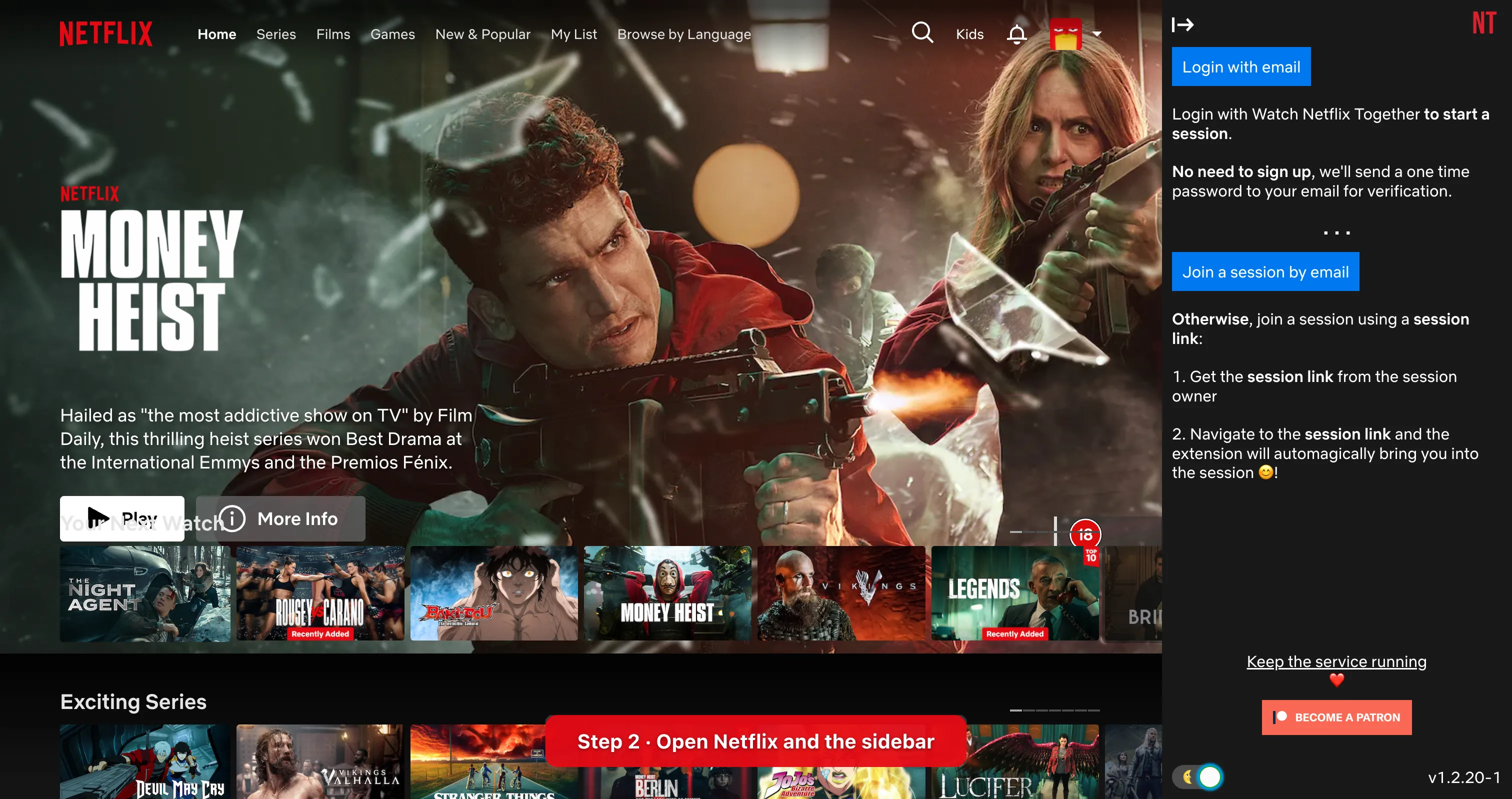 Netflix with the Watch Netflix Together sidebar open